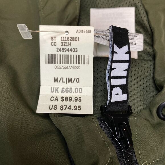 Victoria's Secret PINK Anorak Jacket Womens M Olive Mesh Lined Hooded Full Zip - Picture 2 of 16